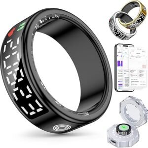 Gwenland Smart Ring for Women and Men with LED Display, Heart Rate and SpO2 Tracker, Gesture Control, and Wireless Charging